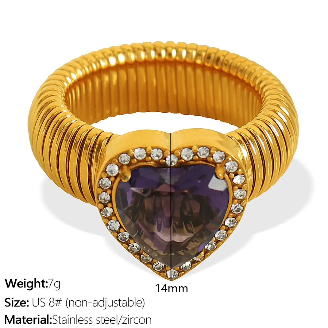 1 Piece Romantic Series Retro Heart Colorful Stainless Steel  Gold Color Zircon Women's Gemstone Rings h5 